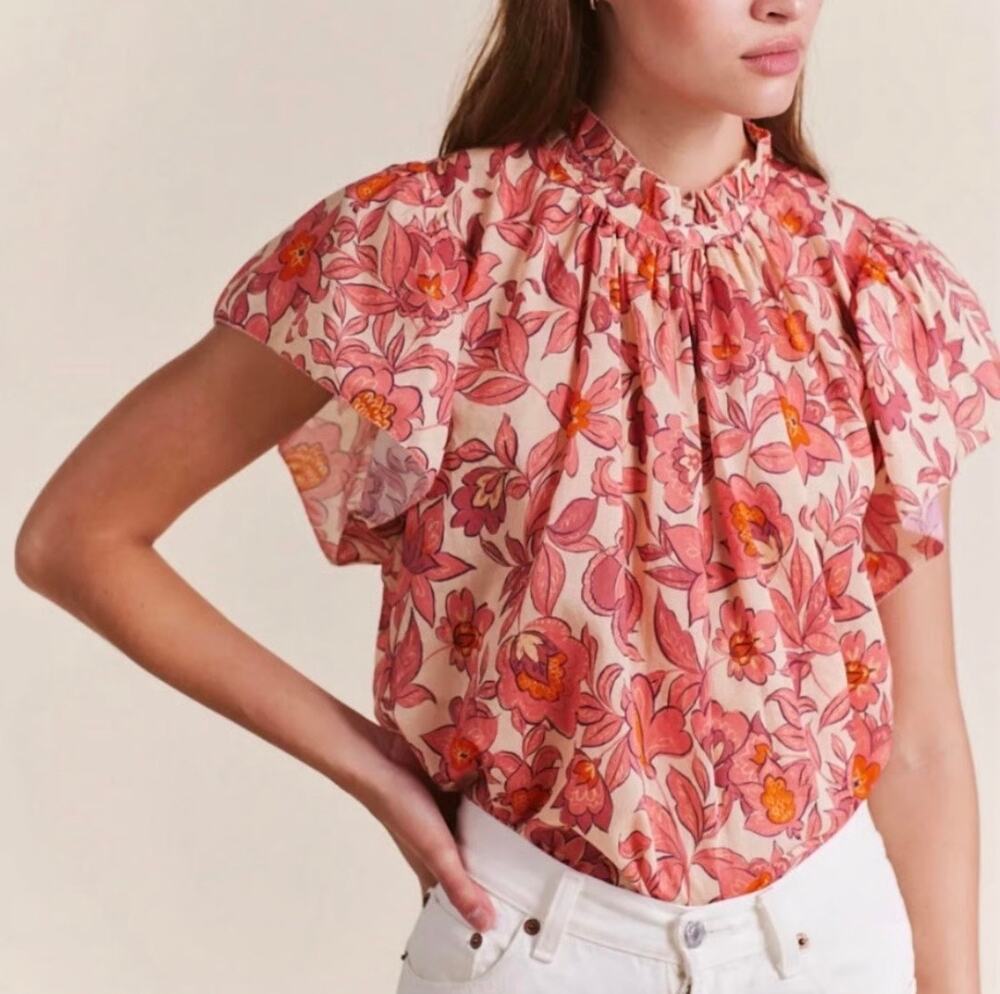 Trovata Birds of Paradis Pink Floral Blouse Short Flutter Sleeve Top Size 2X
